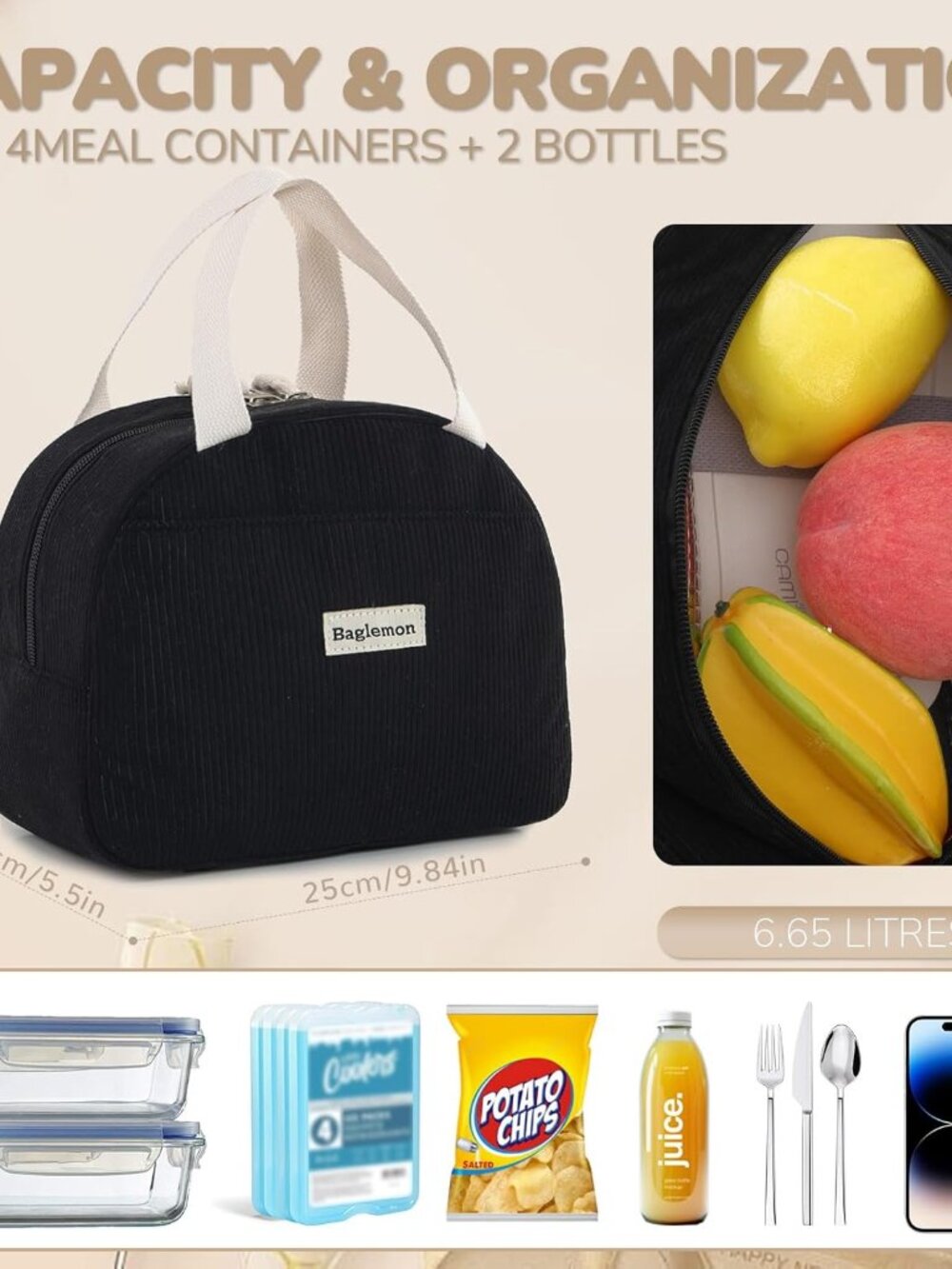 Lunch Bag for Women Men Cute Corduroy Lunch Tote Bags Reusable Insulated Lunch B - Picture 6 of 8